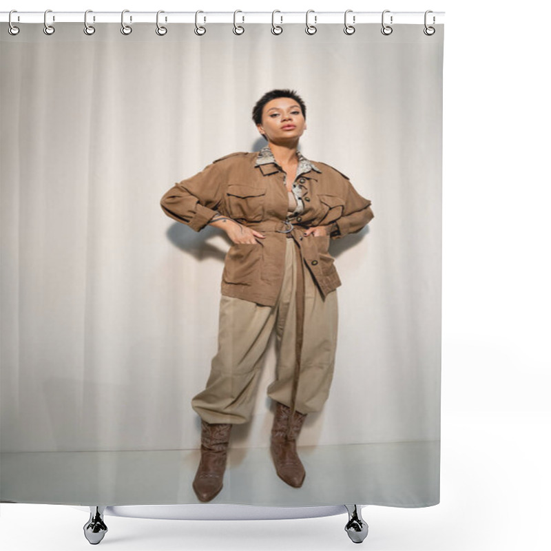 Personality  Full Length Of Brunette Archaeologist In Safari Style Outfit Standing With Hands In Pockets On Grey Background Shower Curtains