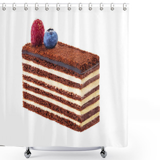Personality  Cake Piece Chocolate With Milk Cream And Fruits Isolated On Whit Shower Curtains