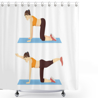 Personality  Woman Doing Bird Dog Exercise To Train Core Muscle In 2 Step. Illustration About Workout Posture For Six Pack. Shower Curtains