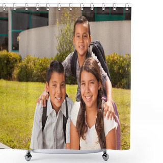 Personality  Young Hispanic Student Children Wearing Backpacks On School Campus. Shower Curtains