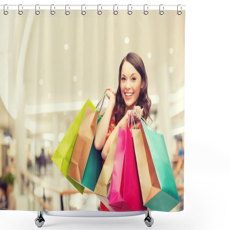 Personality  Smiling Young Woman With Shopping Bags Shower Curtains