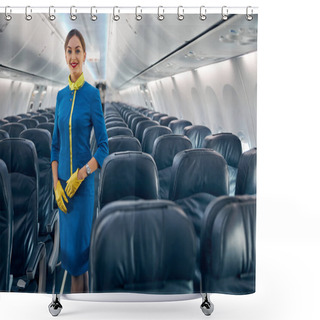 Personality  Young Attractive Woman In Blue Uniform Posing At The Photo Camera In The Salon Of Modern Passenger Aircraft Shower Curtains
