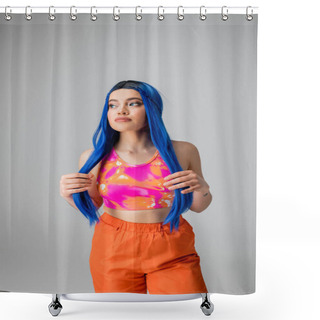 Personality  Self Expression, Young Woman With Blue Hair Posing And Looking Away On Grey Background, Isolated, Fashion Choices, Stylish Look, Colorful Clothes, Casual Attire, Generation Z Fashion, Long Hair Shower Curtains