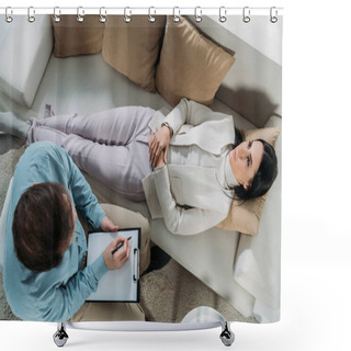 Personality  Overhead View Of Psychotherapist Writing On Clipboard And Upset Young Patient Lying On Couch Shower Curtains