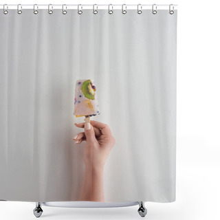 Personality  Cropped Shot Of Person Holding Fresh Cold Fruity Popsicle On Grey  Shower Curtains