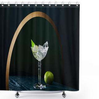 Personality  Cocktail Glass With Mint Leaf And Whole Lime On Blue Wooden Surface On Geometric Background With Golden Circle Shower Curtains