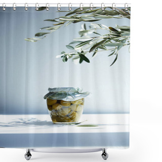 Personality  Jar Of Aromatic Oil With Green Olives And Branches On White Table Shower Curtains