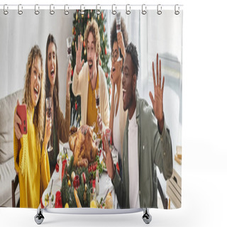 Personality  Joyful Multiracial Family Taking Selfies At Holiday Lunch With Christmas Tree On Backdrop, Banner Shower Curtains