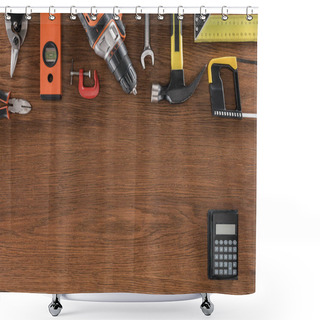 Personality  Top View Of Arranged Various Tools And Calculator On Wooden Table  Shower Curtains