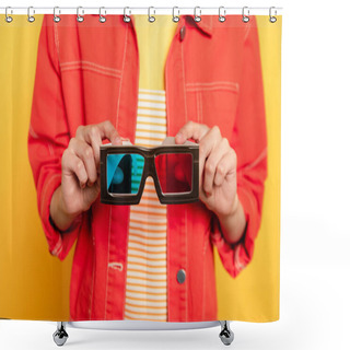 Personality  Cropped View Of Woman Holding 3d Glasses Isolated On Yellow  Shower Curtains