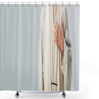 Personality  Panoramic Shot Of Man With Hand On Chest Isolated On Grey  Shower Curtains