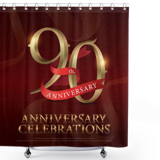 Personality  90th Years Anniversary Celebration Golden Logo With Red Ribbon On Red Background. Vector Illustrator.eps Shower Curtains
