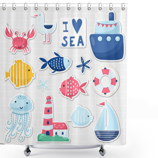 Personality  Big Set Of Cute Sea Elements For Cards And Stickers. Marine Theme Design. For Anniversary, Birthday, Party Invitations, Scrapbooking, Cards. Vector Illustration Shower Curtains