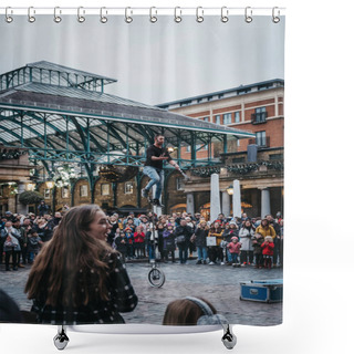 Personality  London, UK - January 5, 2019: Crowd Watching Street Artist Performing In Front Of Covent Garden Market, One Of The Most Popular Tourist Sites In London, UK. Shower Curtains