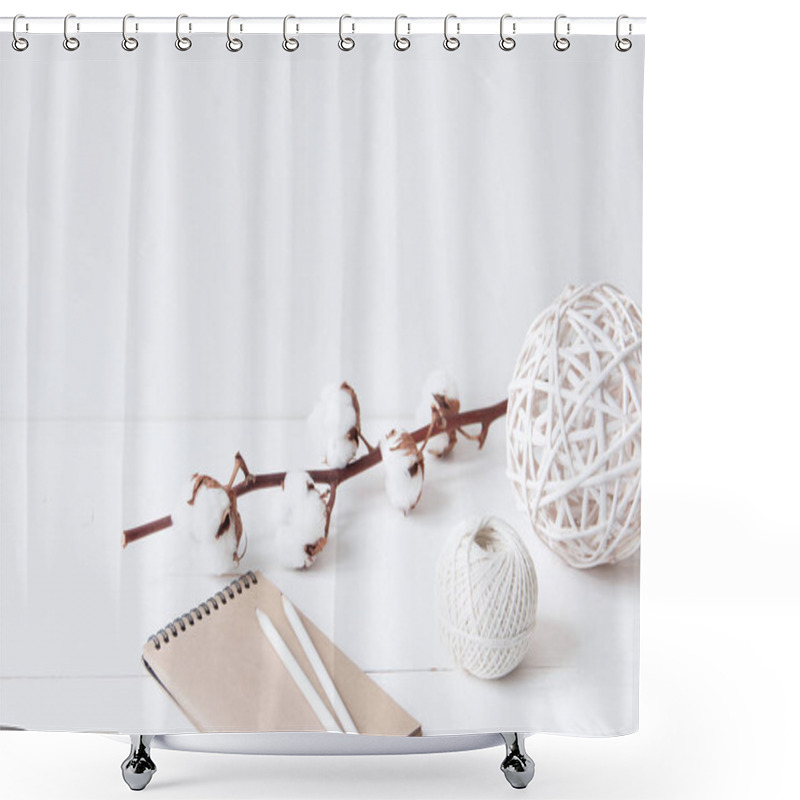 Personality  Minimal Elegant Composition With Cotton, Balls And Notebook Shower Curtains