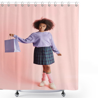 Personality  A Stylish African American Woman In A Skirt Holds A Shopping Bag, Exuding Fashion And Elegance In A Studio Setting. Shower Curtains