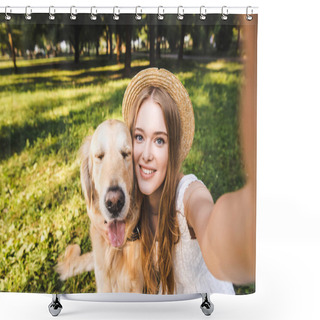 Personality  Young Girl In White Dress And Straw Hat Hugging Golden Retriever And Taking Selfie While Sitting On Meadow, Smiling And Looking At Camera Shower Curtains
