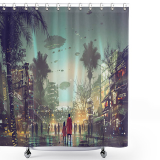 Personality  Father And Daughter Looking At The Futuristic City With Colorful Light, Digital Art Style, Illustration Painting Shower Curtains