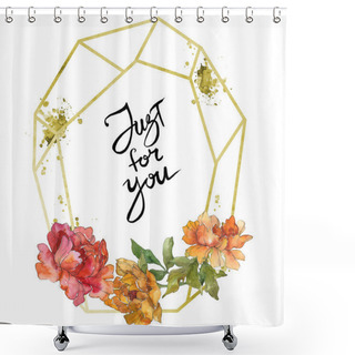Personality  Yellow And Red Peonies Isolated On White. Watercolor Background Illustration Set. Frame Border Ornament With Inscription. Shower Curtains
