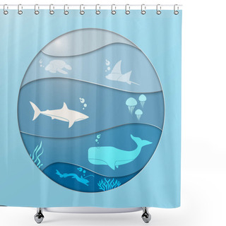 Personality  Vector Illustration Of Ocean  With Turtle, Sting Ray, Shark, Jelly Fish, Sperm Whale, And Viper Fish. Suitable For World Ocean Day Shower Curtains