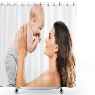 Personality  Portrait Of Nude Smiling Mother Looking At Baby, Isolated On White Shower Curtains