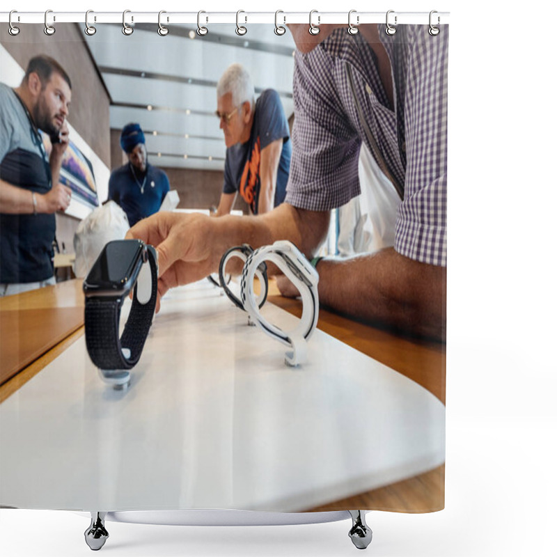 Personality  STRASBOURG, FRANCE - SEP 21, 2018: Group Of People In Apple Store Buying Admiring The New Latest Apple Watch Series 4 Wearable Shower Curtains