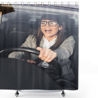 Personality  Angry Woman Screaming And Beeping While Driving Car And Looking Ahead On Blurred Foreground Shower Curtains