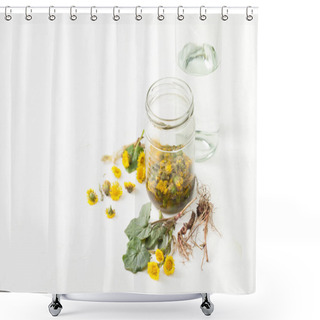 Personality  Preparation Of Tinctures Of Coltsfoot On A White Table. Shower Curtains