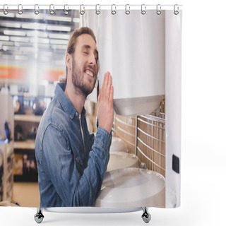 Personality  Smiling Man With Closed Eyes Touching Boiler In Home Appliance Store  Shower Curtains
