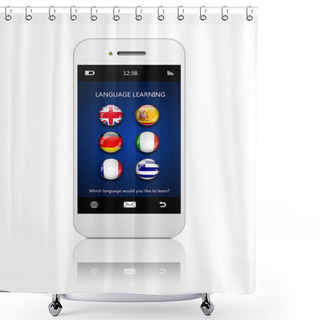 Personality  Mobile Phone With Language Learning Application Over White Shower Curtains