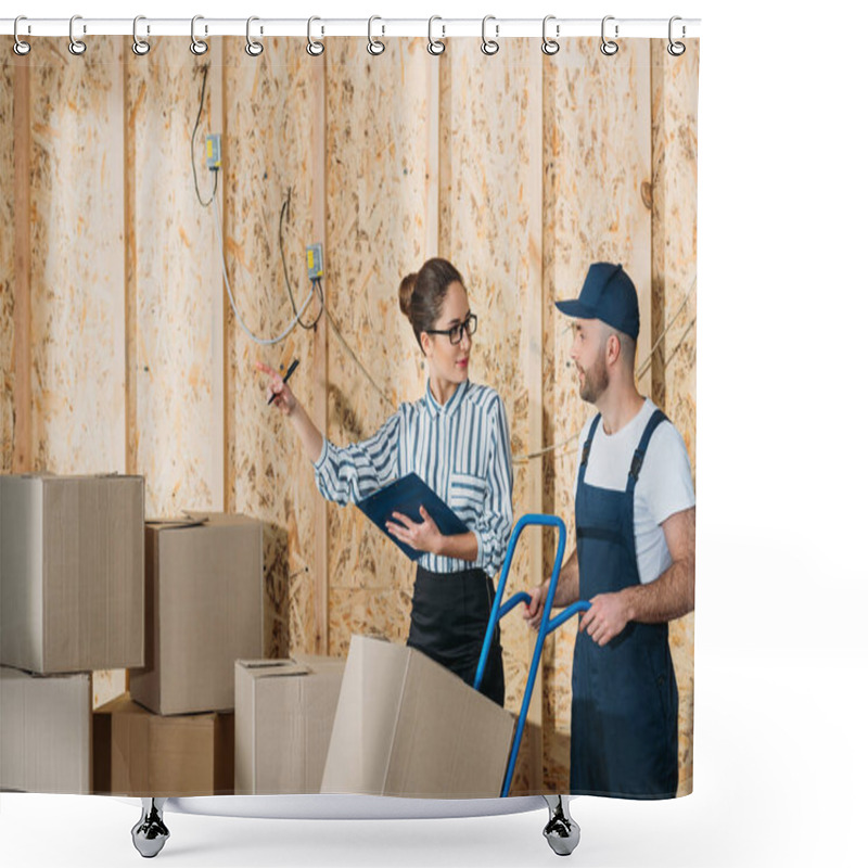 Personality  Businesswoman Giving Instructions To Delivery Man With Delivery Cart Shower Curtains