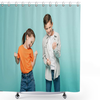 Personality  Excited Kids With Closed Eyes Rejoicing Isolated On Blue  Shower Curtains