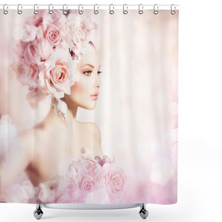 Personality  Fashion Beauty Model Girl With Flowers Hair. Bride Shower Curtains