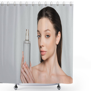 Personality  Brunette Young Woman With Bare Shoulders Holding Bottle With Cosmetic Product Isolated On Grey Shower Curtains