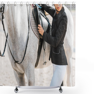 Personality  Cropped Image Of Female Equestrian Fixing Horse Saddle At Horse Club Shower Curtains