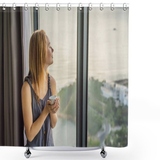 Personality  Young Woman Is Drinking Coffee In The Morning On The Background Of A Window With A Sea View Shower Curtains