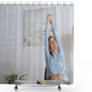 Personality  Selective Focus Of Dreamy Girl Stretching Near Table At Home  Shower Curtains
