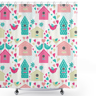 Personality  Seamless Floral Pattern With Birdhouses Shower Curtains