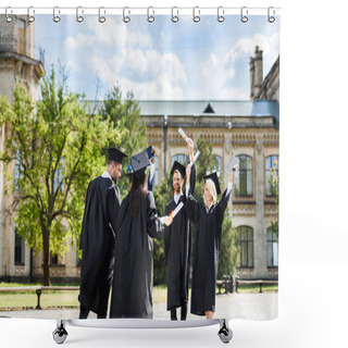 Personality  Young Graduated Students With Diplomas Greeting Each Other In College Garden Shower Curtains