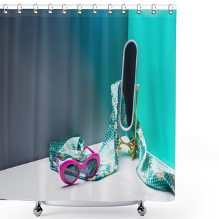 Personality  Toy Mirror With Silk Scarf And Vintage Sunglasses In Miniature Blue Room Shower Curtains
