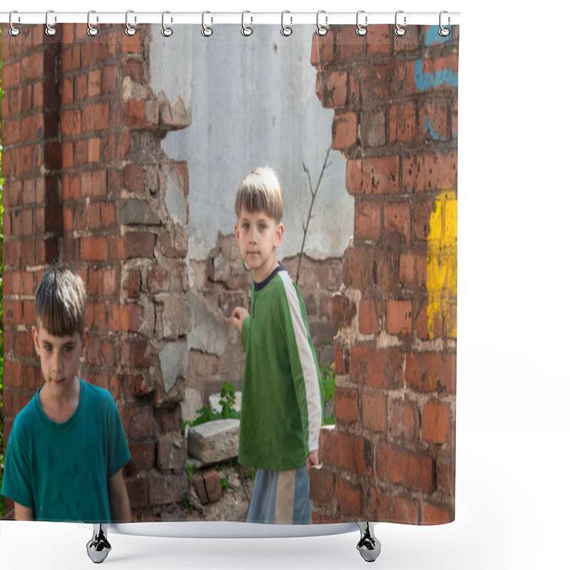 Personality  Children In An Abandoned House, Two Poor Abandoned Boys, Orphans As A Result Of Natural Disasters And Military Actions. Submission Photo. Shower Curtains