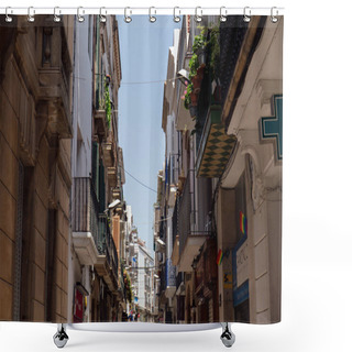 Personality  Urban Street With Lgbt Flags And Pharmacy Sign In Catalonia, Spain  Shower Curtains