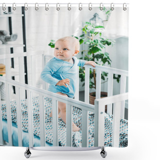 Personality  Adorable Little Baby Standing In Crib And Looking Away Shower Curtains