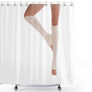 Personality  Female Slim Legs In White Leg Warmers. White Pedicure. Close Up, Isolated On White Background Shower Curtains