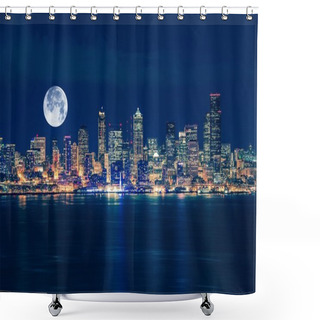 Personality  Seattle And The Moon Skyline Shower Curtains
