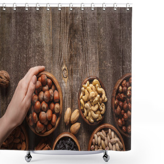 Personality  Partial View Of Woman Holding Bowl With Hazelnuts On Wooden Tabletop With Different Nuts Around Shower Curtains