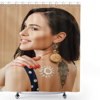 Personality  Smiling Brunette Woman In Polka Dot Swimsuit With Drawn Sun Made Of Sunscreen And Tattoo On Back On Beige Background Shower Curtains