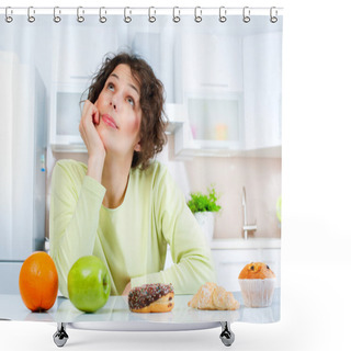 Personality  Dieting Concept. Young Woman Choosing Between Fruits And Sweets Shower Curtains