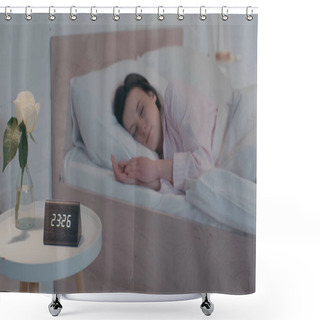 Personality  Clock And Plant Near Blurred Woman Sleeping On Bed At Night  Shower Curtains