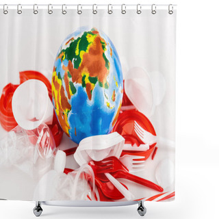 Personality  Plastic Trash Scattered Around Globe On White Background Shower Curtains